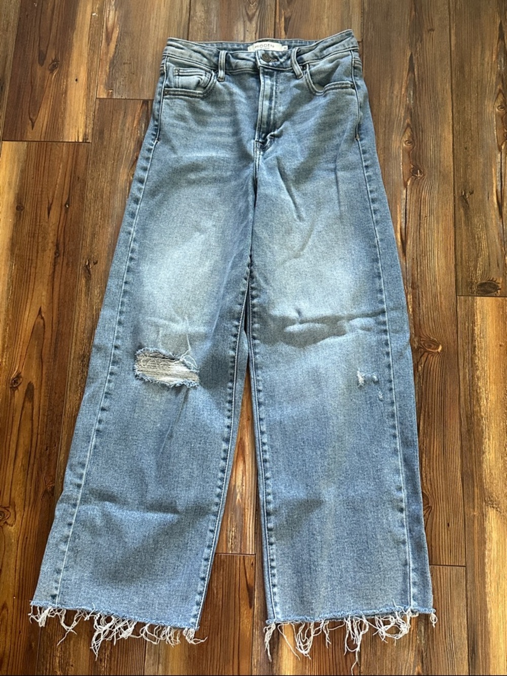 Hidden Jeans Wide Leg Distressed Jeans in Light Blue with raw edge hem 26